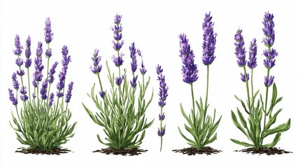 Naklejka premium Four watercolor illustrations of purple lavender plants with green leaves and soil