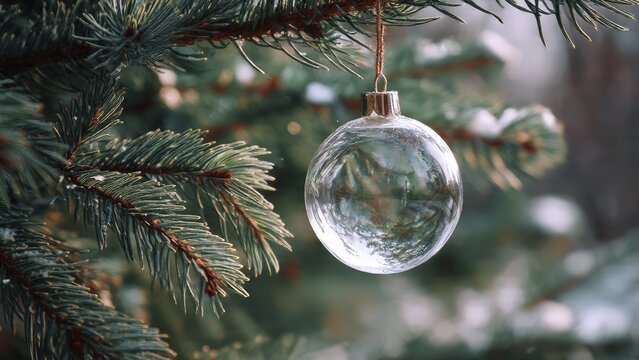 Close up of a clear glass Christmas ornament hanging on a pine tree branch with soft bokeh background