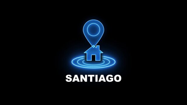 Blue neon glowing map pin icon with house symbol and concentric circles over black background with SANTIAGO text