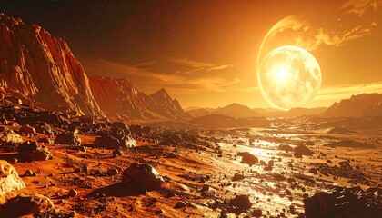An alien landscape with a bright sun and planet in the distance