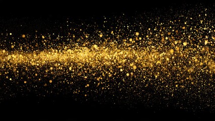 Scattered golden particles sparkle and shimmer against a dark black background
