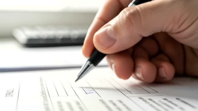 Close-up of a hand writing on a document with a calculator in the background