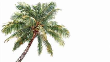A single palm tree trunk and lush green fronds extend into a bright white background showing tropical foliage