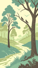 Obraz premium A serene landscape illustration of a winding river with two birds perched on a tree.