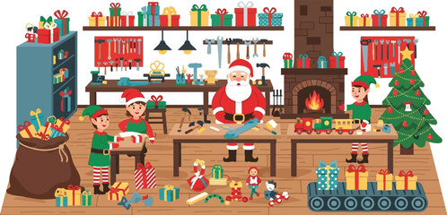 Santa and elves working in a toy workshop at the north pole on white background