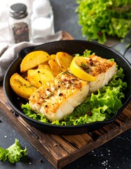 Pan-seared fish with roasted potatoes and lemon