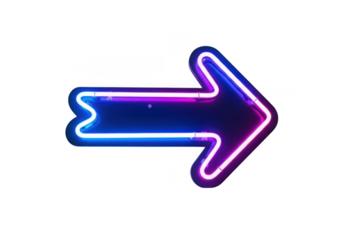 Illuminated neon arrow sign isolated on transparent background, pointing direction with vibrant glow. Vibrant neon arrow sign glowing brightly with electric blue and pink hues