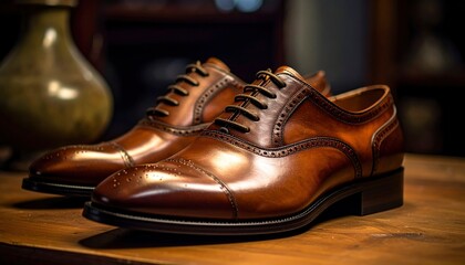 Elegant Brown Leather Oxford Shoes on Wooden Surface.