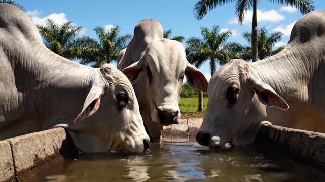White Nelore cattle drinking water from a rustic wooden trough on a tropical farm, blue sky and palm trees, realistic rural scene, livestock, agriculture, Brazil.