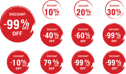 Red discount sale tags with various percentage off offers vector
