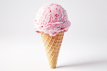 Delicious strawberry ice cream scoop in a crispy waffle cone sweet treat isolated on white background