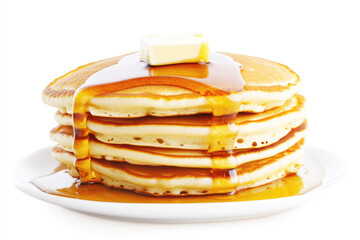 Delicious fluffy pancakes drenched in maple syrup and topped with butter close up isolated on white background