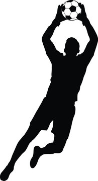 Black silhouette of a soccer goalkeeper catching a ball football goalie