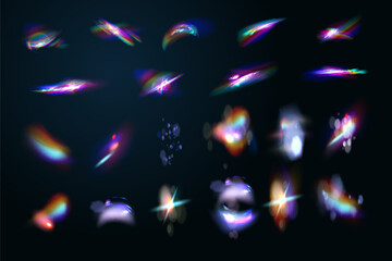 Iridescent crystal leak glare reflection effect. Optical rainbow lights, glare, leak, streak overlay. falling confetti. Vector colorful vector lenses and light flares with transparent effects.