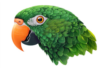 Vivid green parrot head profile detailed realistic photograph isolated isolated on white background