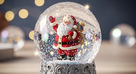A festive Christmas snow globe featuring a cheerful Santa Claus figure waving amidst swirling glitter.
