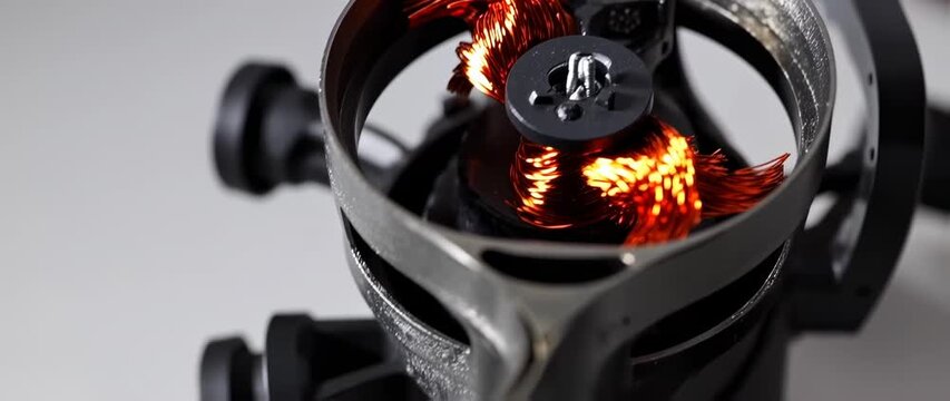 Detailed view of drone motor rotor assembly with copper winding, showcasing intricate engineering