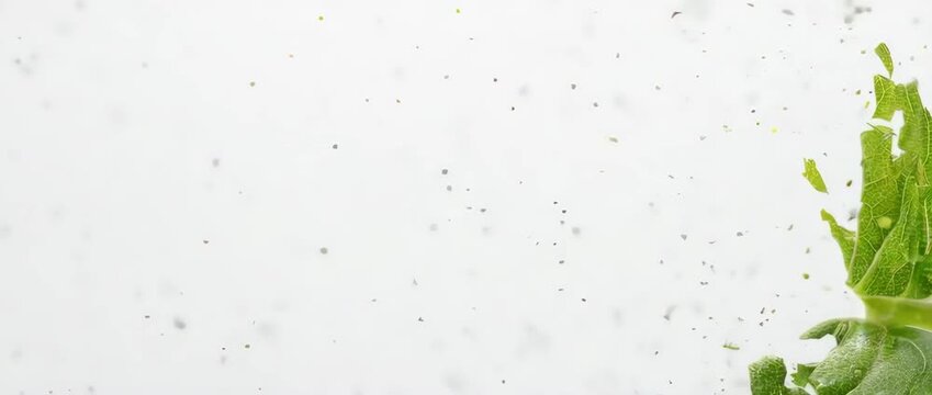 3D render in slow motion showing food (leafy green) dissolving into nutrient particles. Concept of digestion and healthy eating.