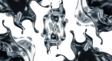 Dynamic liquid metal splashes isolated on transparent background, showcasing fluid motion and reflective surfaces in abstract forms
