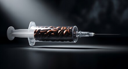Syringe filled with coffee beans symbolizing caffeine addiction and energy boost.