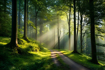 A serene forest scene with sunlight filtering through lush trees, creating a peaceful atmosphere in nature.