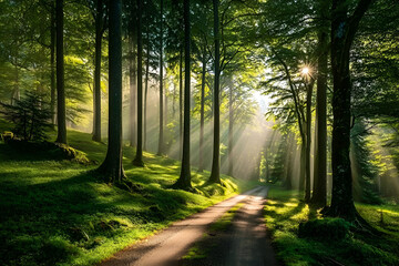 Obraz premium A serene forest path illuminated by sunlight, showcasing lush greenery and tranquil surroundings for nature lovers.