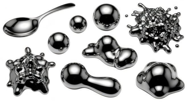 A collection of liquid metal objects, including a spoon and various spherical shapes isolated on a transparent background. Shiny metallic spheres, abstract liquid metal droplets create reflections