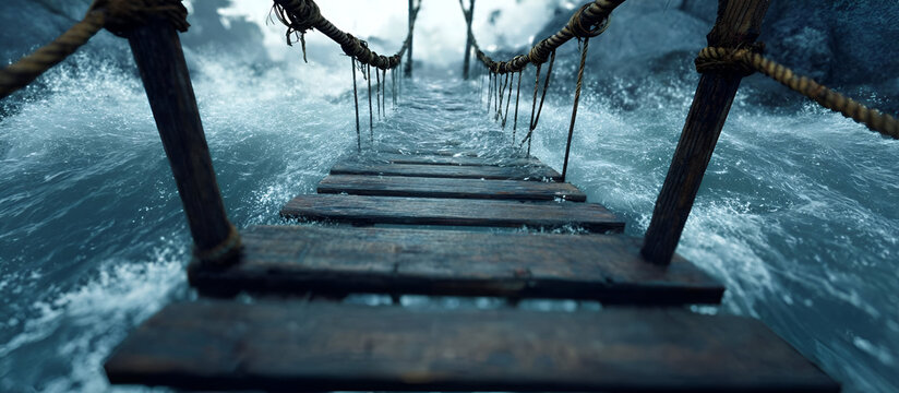 A stunning view of a wooden bridge over turbulent water, leading to adventure and exploration in nature's beauty.