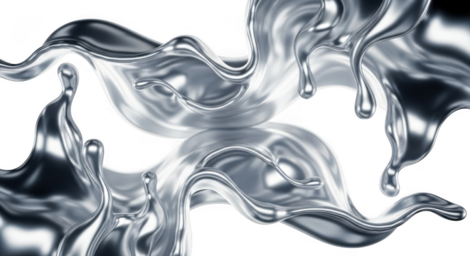 Abstract liquid metal splash with symmetrical design and elegant curves isolated on transparent background. Abstract liquid metal splash flowing gracefully with iridescent shimmering effects