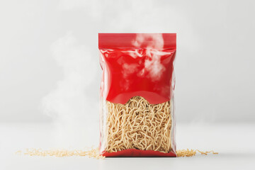 Delicious instant noodles in red transparent packaging with wisps of steam isolated on white background