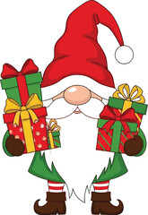 Festive christmas gnome holding gifts in a holiday illustration on white background