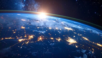 Sunrise over Earth, showcasing city lights and the Milky Way