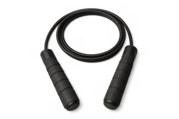 Black jump rope with foam handles, coiled and ready for fitness training, cardio exercise, and skipping. Transparent background