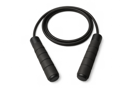 Black jump rope with foam handles, coiled and ready for fitness training, cardio exercise, and skipping. Transparent background - Powered by Adobe