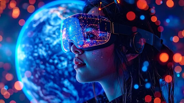 A woman in a VR headset experiencing the metaverse, with a futuristic digital representation of Earth and glowing data streams