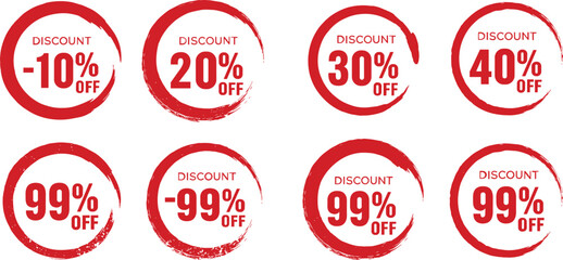 Red discount sale tags with percentages off and grunge circle design vector