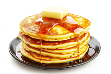 Delicious stack of golden pancakes with maple syrup and butter breakfast isolated on white background