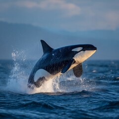 Fototapeta premium A minimalistic and flat vector logo design of an orca whale gracefully jumping out of the water.
