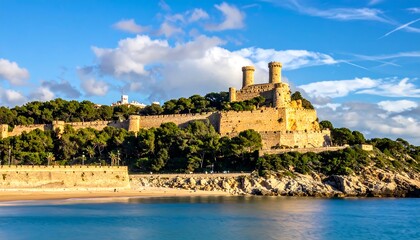 Ancient stone fortress overlooking a scenic coastal beach and turquoise waters