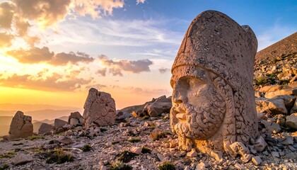 Ancient stone head sculptures against a vibrant sunset sky