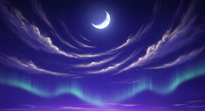 A beautiful crescent moon shines brightly in a deep purple night sky filled with wispy clouds and a vibrant aurora borealis. - Powered by Adobe