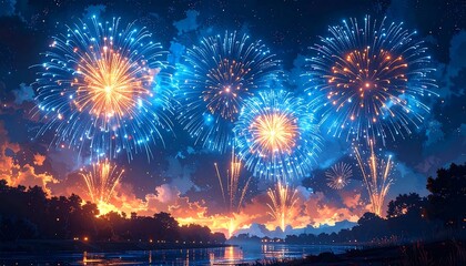 Animated night scene of colorful fireworks bursting over a tranquil river