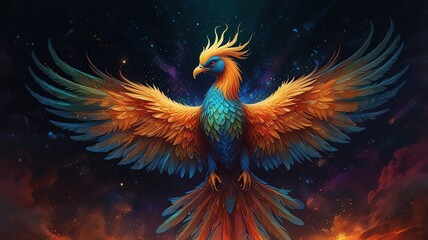 Obraz premium Mythical phoenix bird with vibrant wings, rising from flames against a starry cosmos.