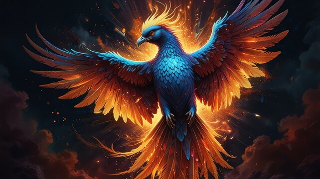 Mythical phoenix bird reborn from fiery embers, symbolizing rebirth, strength, and magical power.