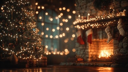 a cozy christmas scene features a decorated tree a fireplace with stockings and soft bokeh lights creating a warm and inviting atmosphere for a magical holiday celebration