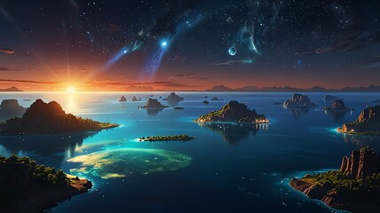 Surreal alien seascape, islands under starry sky, vibrant sunset glow over tranquil water, otherworldly atmosphere.