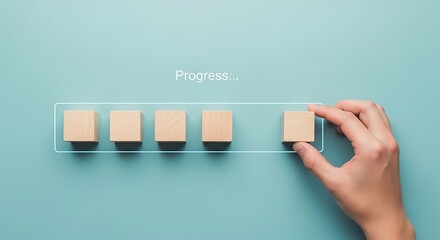 Progress bar with wooden blocks, representing loading, completion, and steps towards a goal