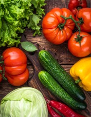 Assortment of fresh, vibrant vegetables on a rustic wooden surface