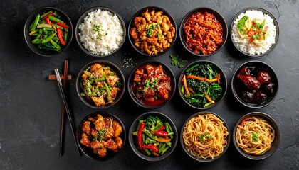 Assortment of various Asian dishes in black bowls