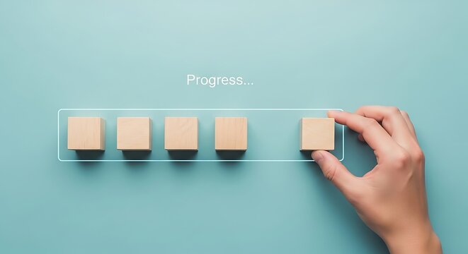 Progress bar with wooden blocks, representing loading, completion, and steps towards a goal